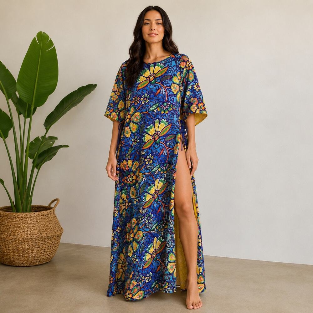 Vintage 60s Floral Kaftan Caftan Kimono Tie Sides Floral Maxi Oversized -